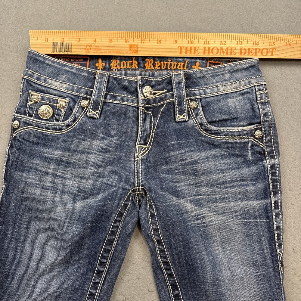 ROCK REVIVAL JEANS WOMENS 27/32 Celine SKINNY Studs Flap THICK STITCH WHISKERING - Picture 8 of 9